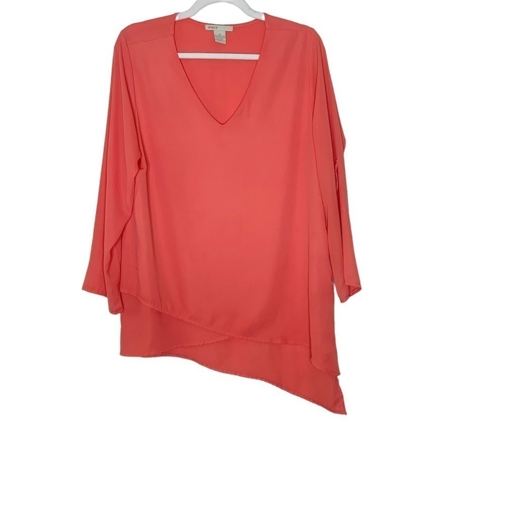 Kikit orange blouse with V neckline and asymmetrical hemline. Size M